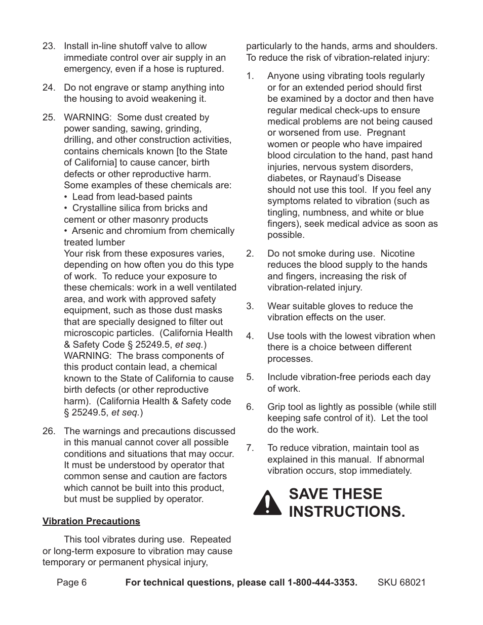 Save these instructions | Harbor Freight Tools 18 GAUGE BRAD NAILER 68021 User Manual | Page 6 / 18