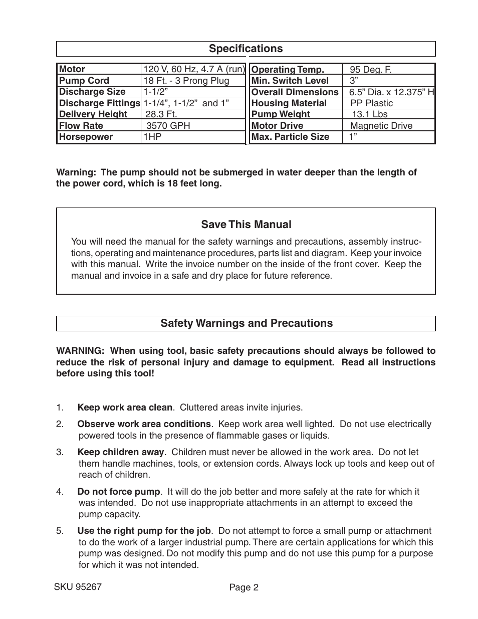 Harbor Freight Tools PACIFIC HYDROSTAR 95267 User Manual | Page 2 / 9