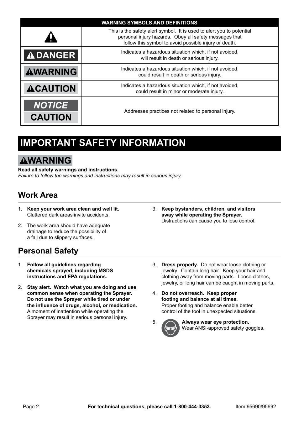 Important safety information, Work area, Personal safety | Harbor Freight Tools ONE STOP GARDENS 95690 User Manual | Page 2 / 8