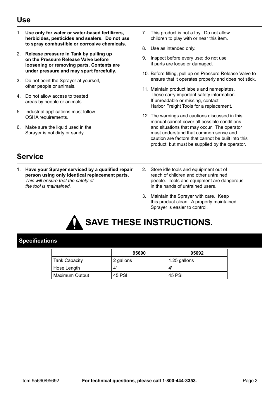 Save these instructions, Service | Harbor Freight Tools ONE STOP GARDENS 95690 User Manual | Page 3 / 8