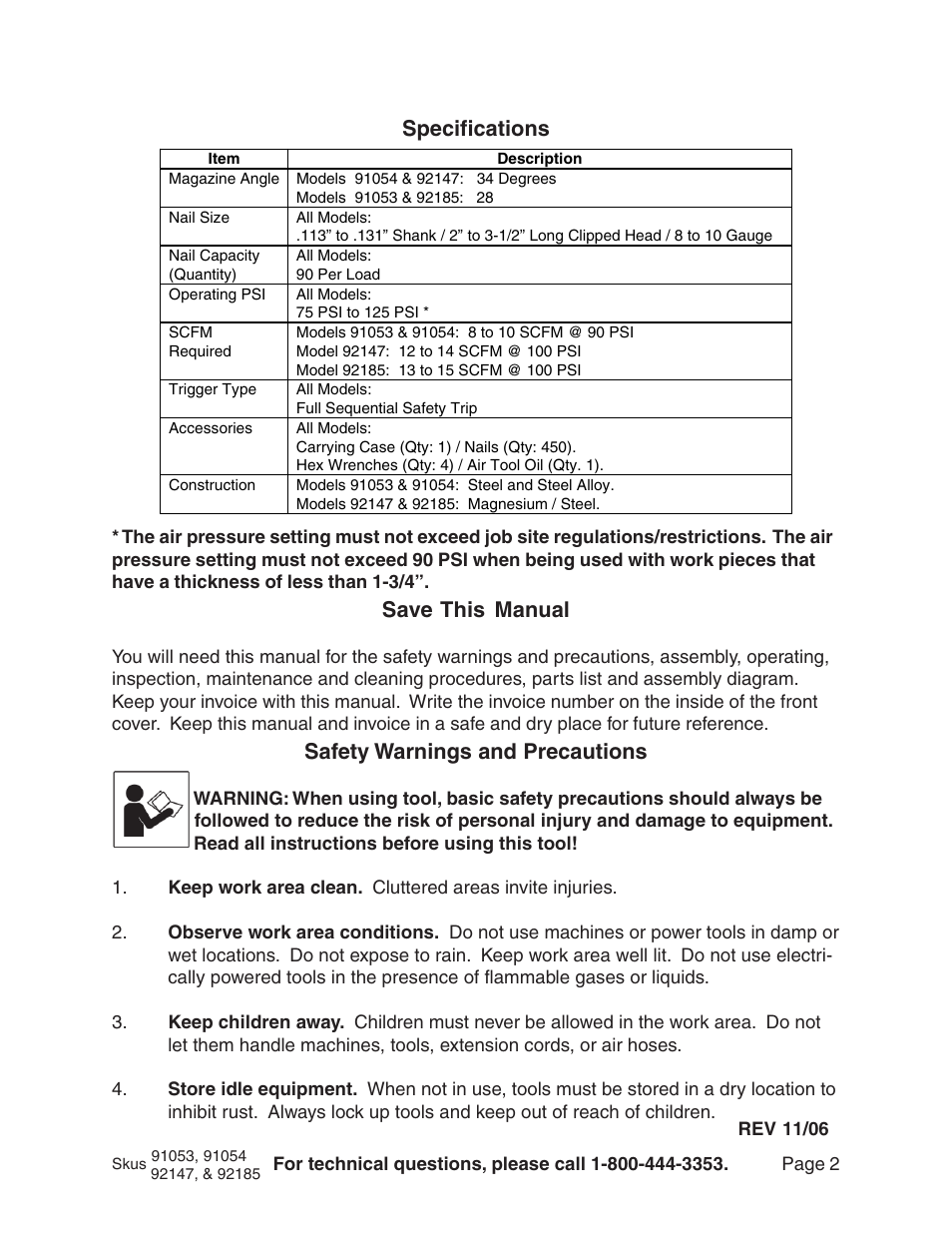 Specifications safety warnings and precautions, Save this manual | Harbor Freight Tools 91053 User Manual | Page 2 / 12