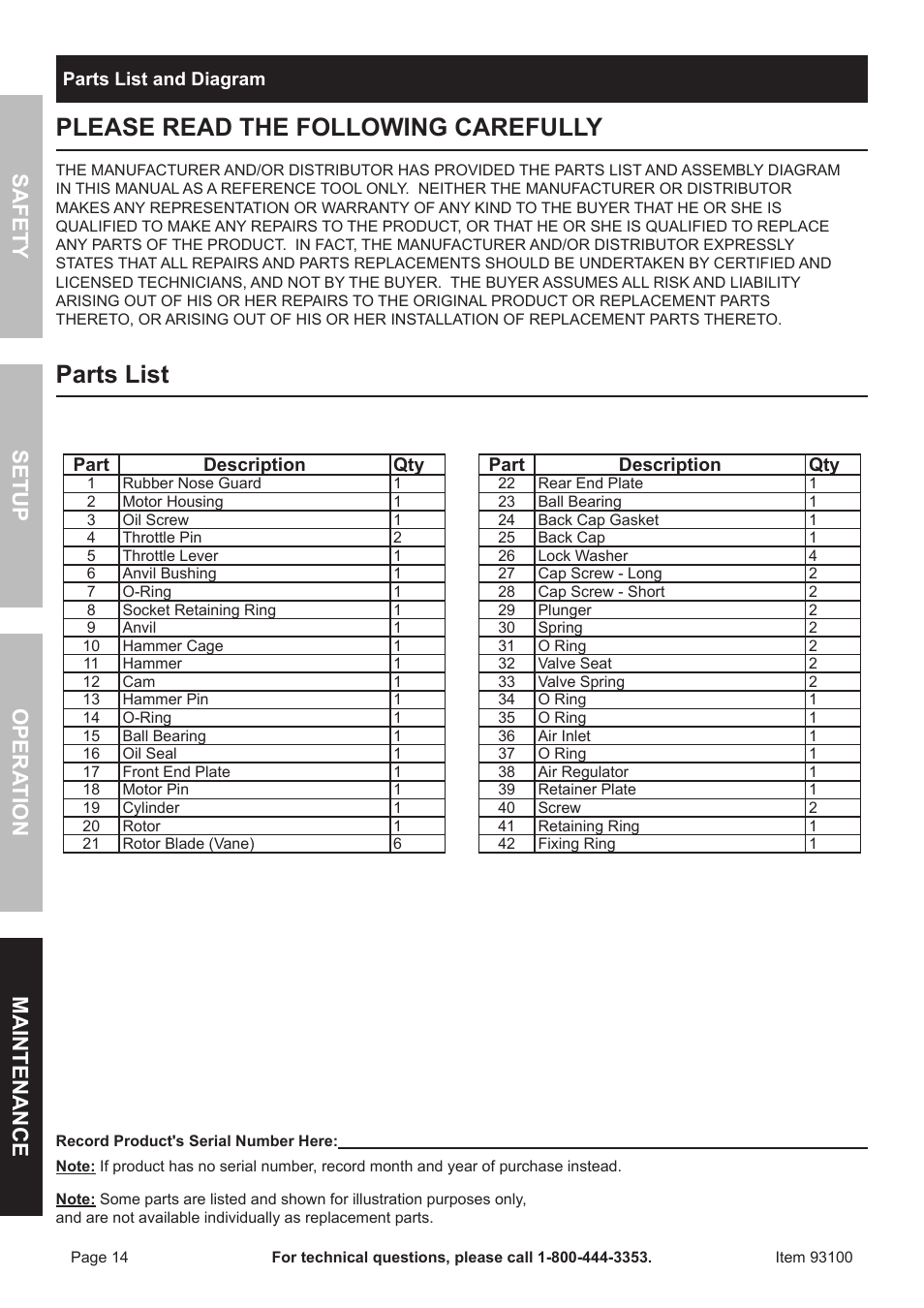 Please read the following carefully, Parts list | Harbor Freight Tools 93100 User Manual | Page 14 / 16