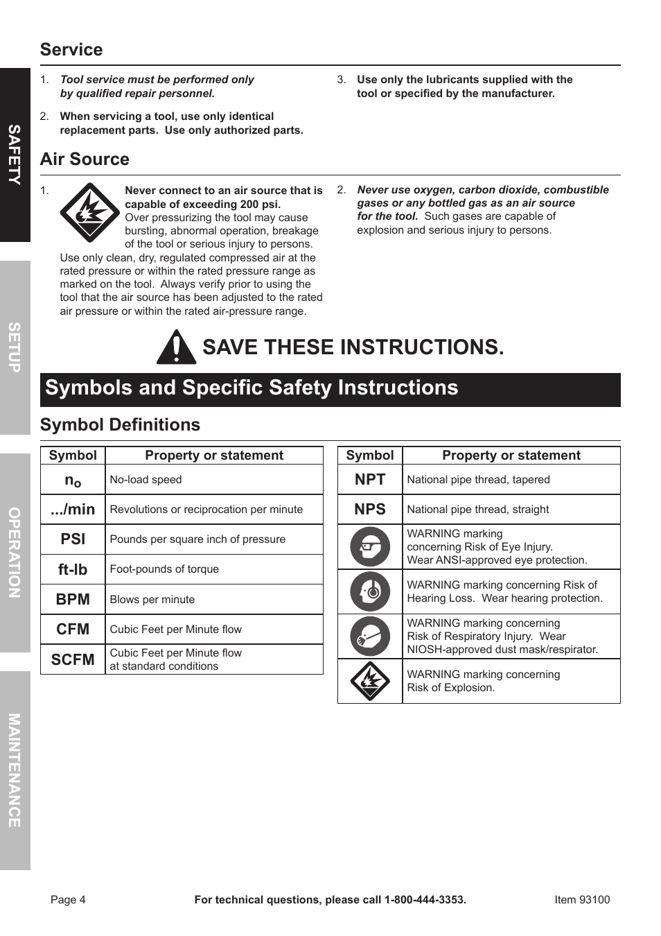 Service, Air source, Symbol definitions | Ft-lb, Scfm | Harbor Freight Tools 93100 User Manual | Page 4 / 16