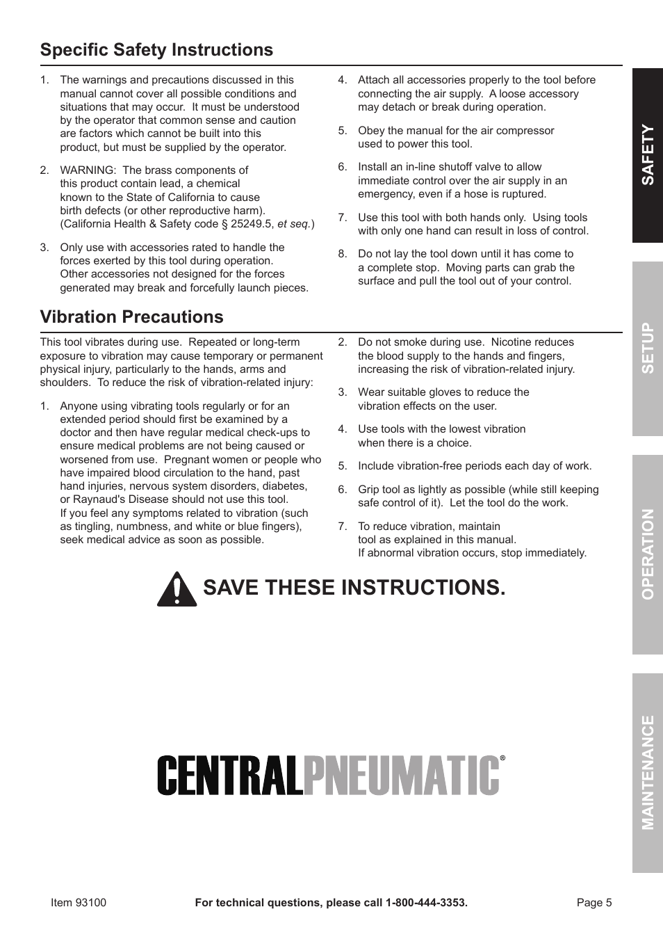 Save these instructions, Specific safety instructions, Vibration precautions | Harbor Freight Tools 93100 User Manual | Page 5 / 16