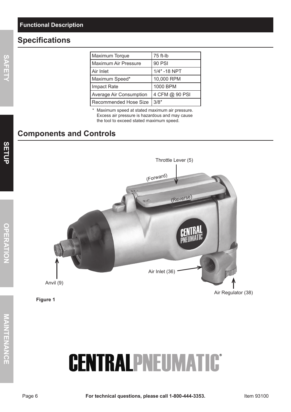 Specifications, Components and controls | Harbor Freight Tools 93100 User Manual | Page 6 / 16