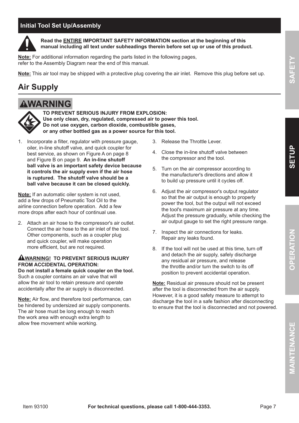 Air supply | Harbor Freight Tools 93100 User Manual | Page 7 / 16