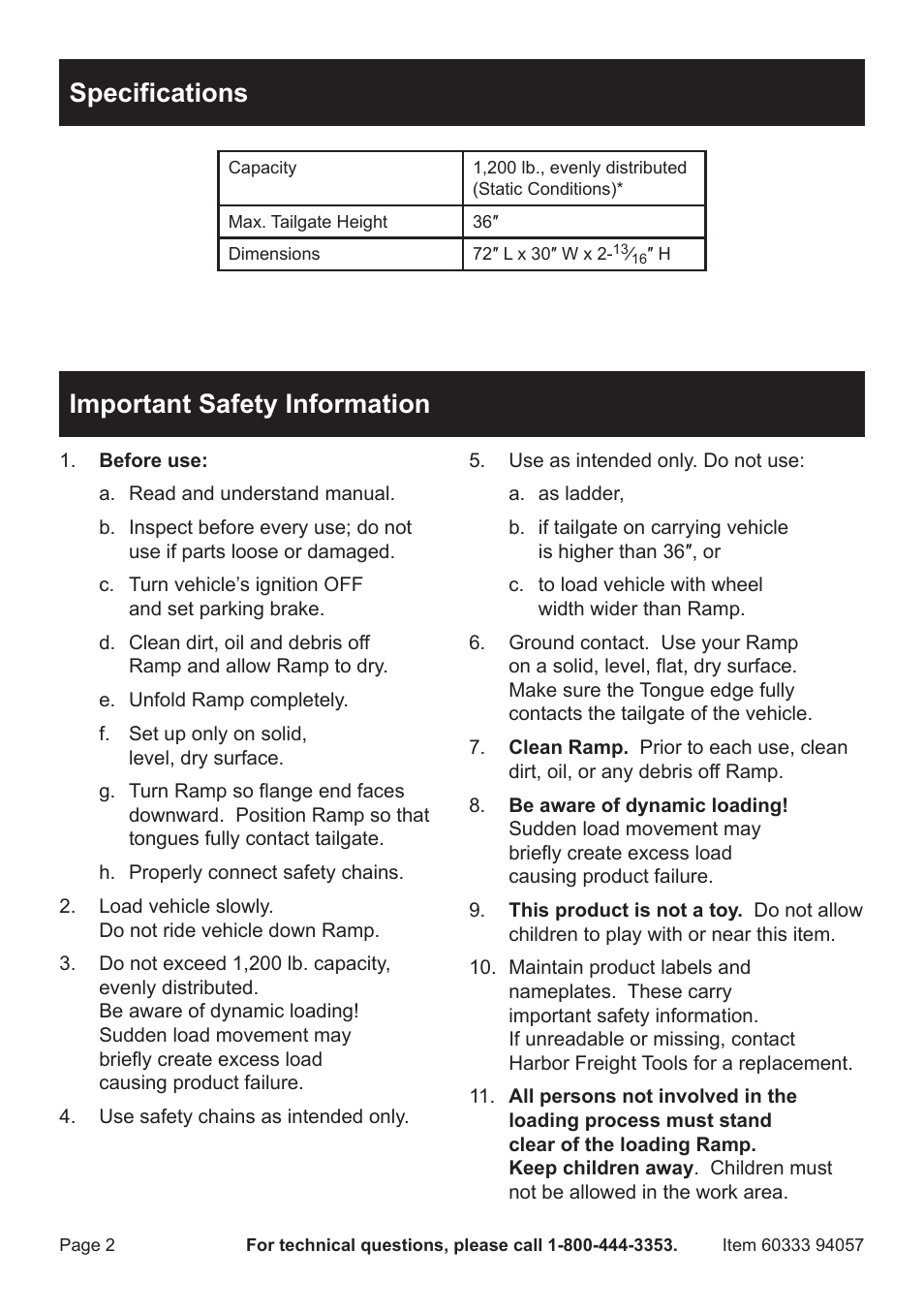 Specifications, Important safety information | Harbor Freight Tools 94057 User Manual | Page 2 / 12