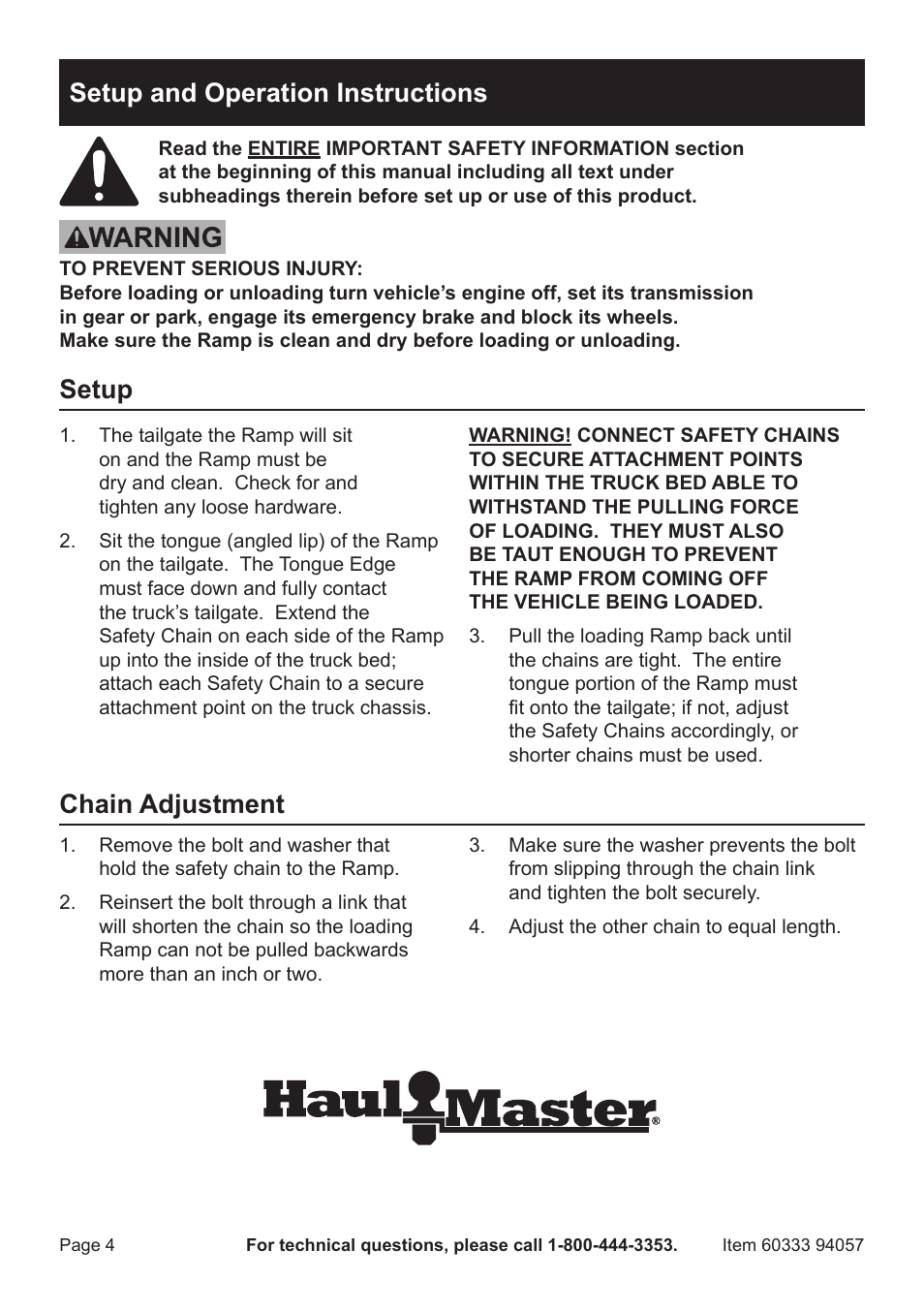 Setup and operation instructions, Setup, Chain adjustment | Harbor Freight Tools 94057 User Manual | Page 4 / 12