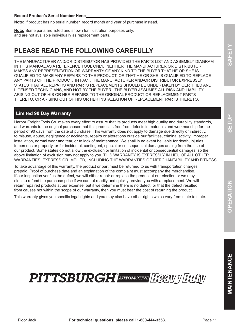 Please read the following carefully, Safety opera tion maintenance setup | Harbor Freight Tools 68048 User Manual | Page 11 / 12