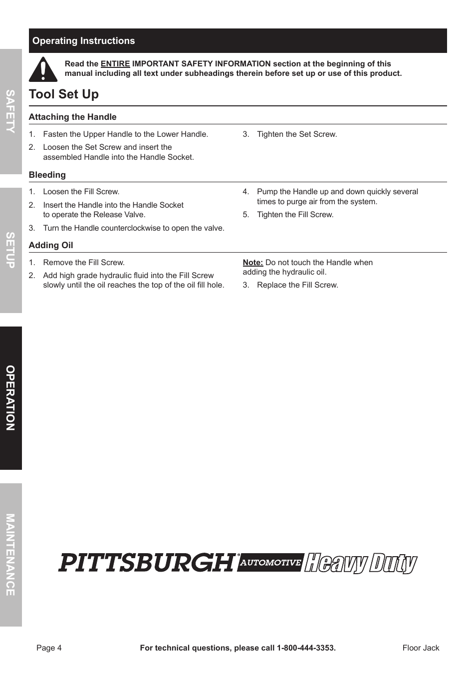 Tool set up, Safety opera tion maintenance setup | Harbor Freight Tools 68048 User Manual | Page 4 / 12