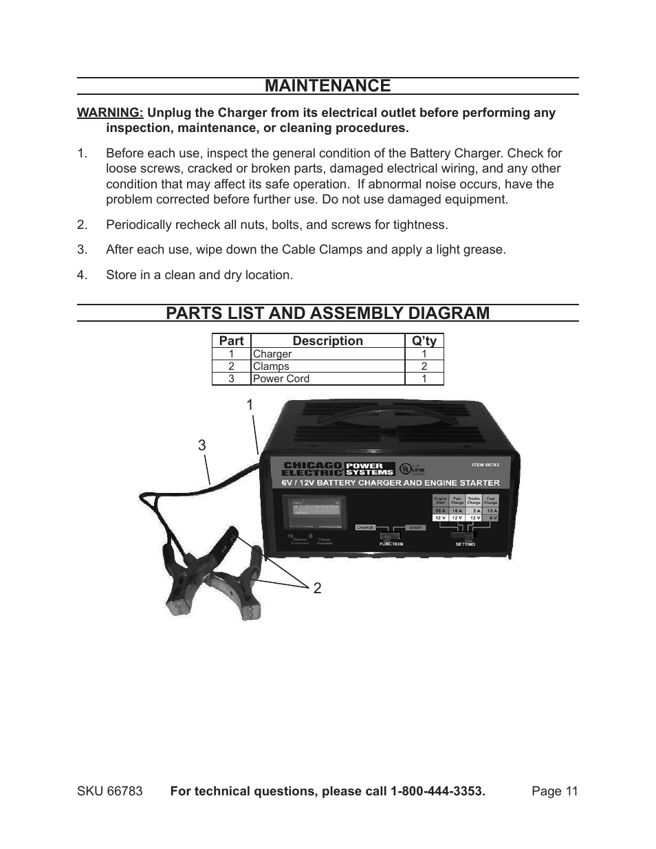 Maintenance, Parts list and assembly diagram | Harbor Freight Tools 66783 User Manual | Page 11 / 12