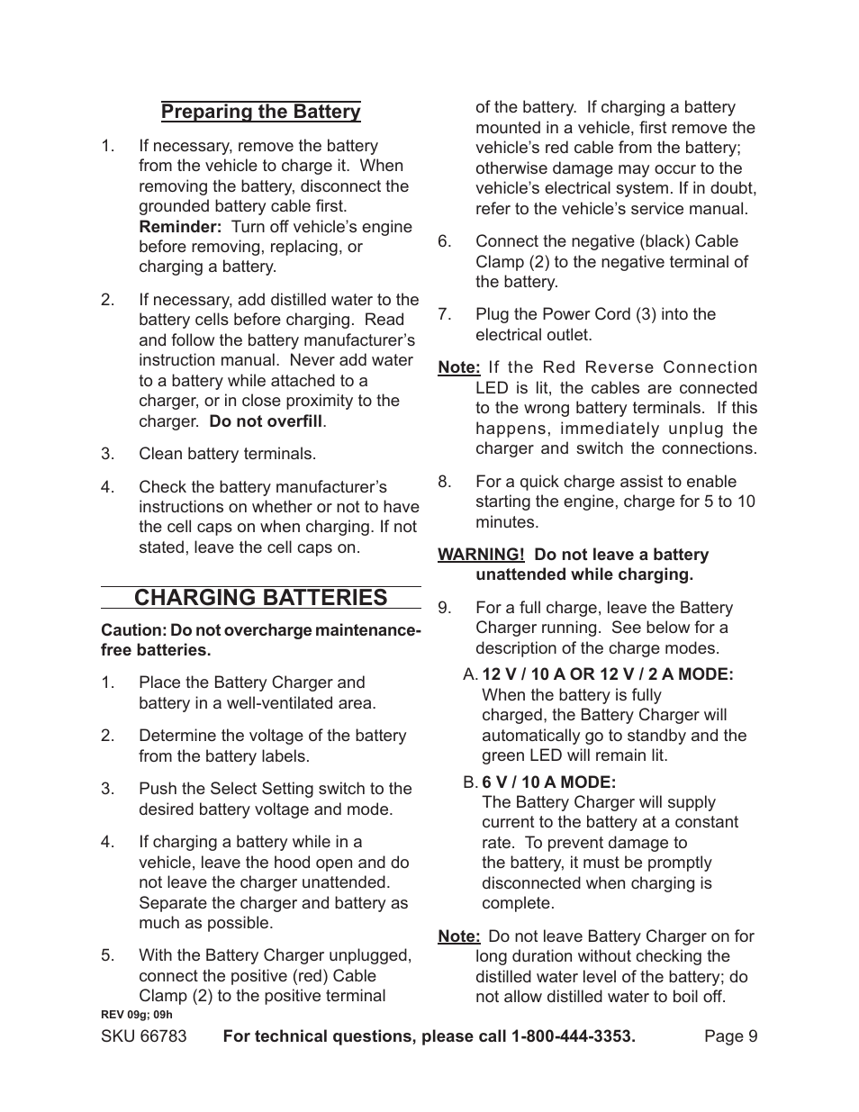 Charging batteries | Harbor Freight Tools 66783 User Manual | Page 9 / 12