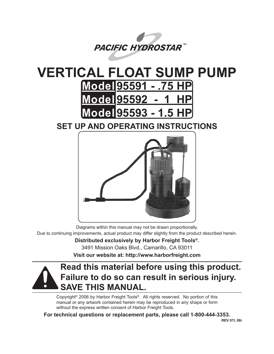 Harbor Freight Tools 95591 - .75 HP User Manual | 14 pages