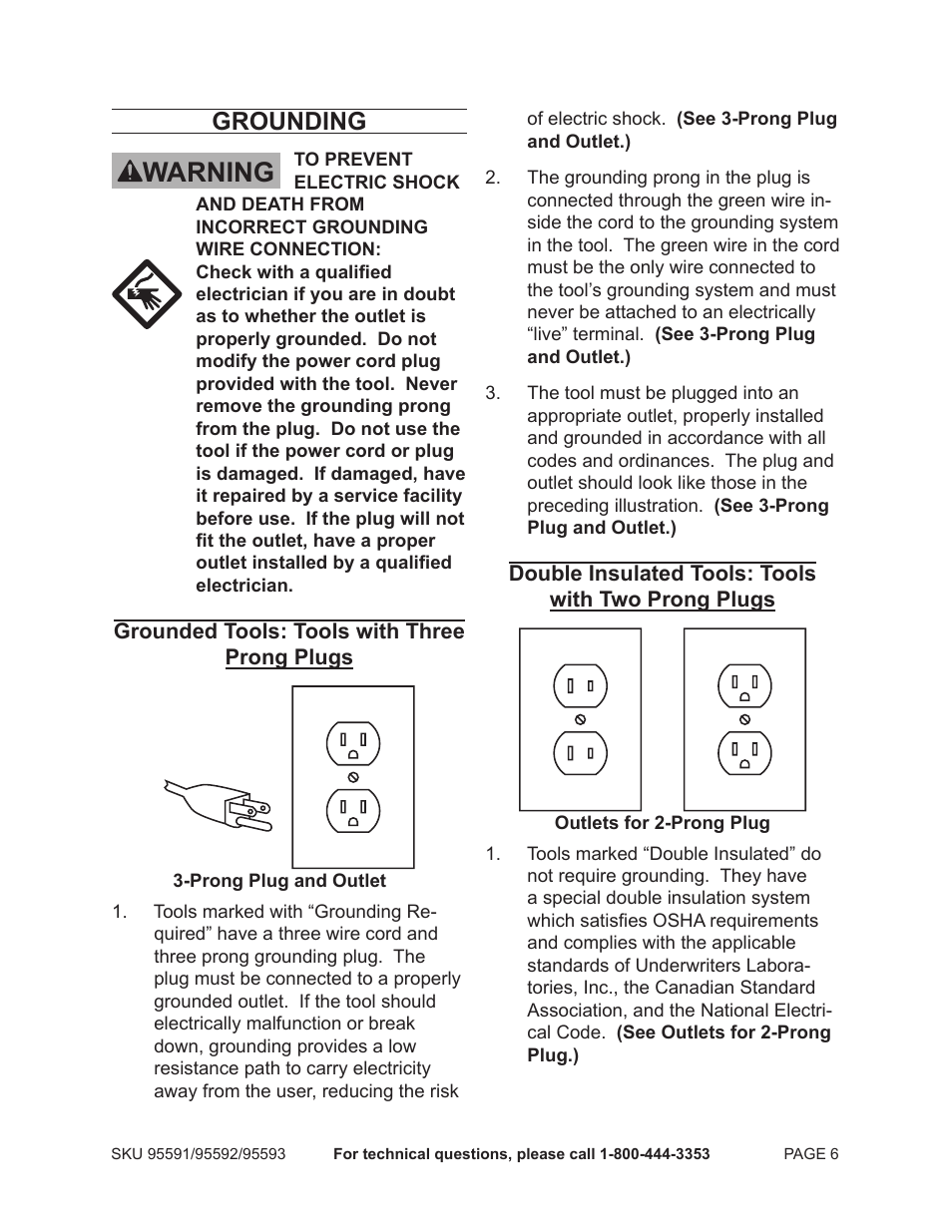 Warning, Grounding | Harbor Freight Tools 95591 - .75 HP User Manual | Page 6 / 14