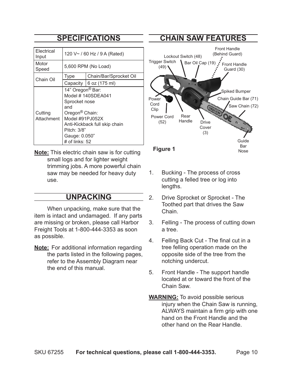 Specifications, Unpacking, Chain saw features | Harbor Freight Tools CHICAGO ELECTRIC 67255 User Manual | Page 10 / 26