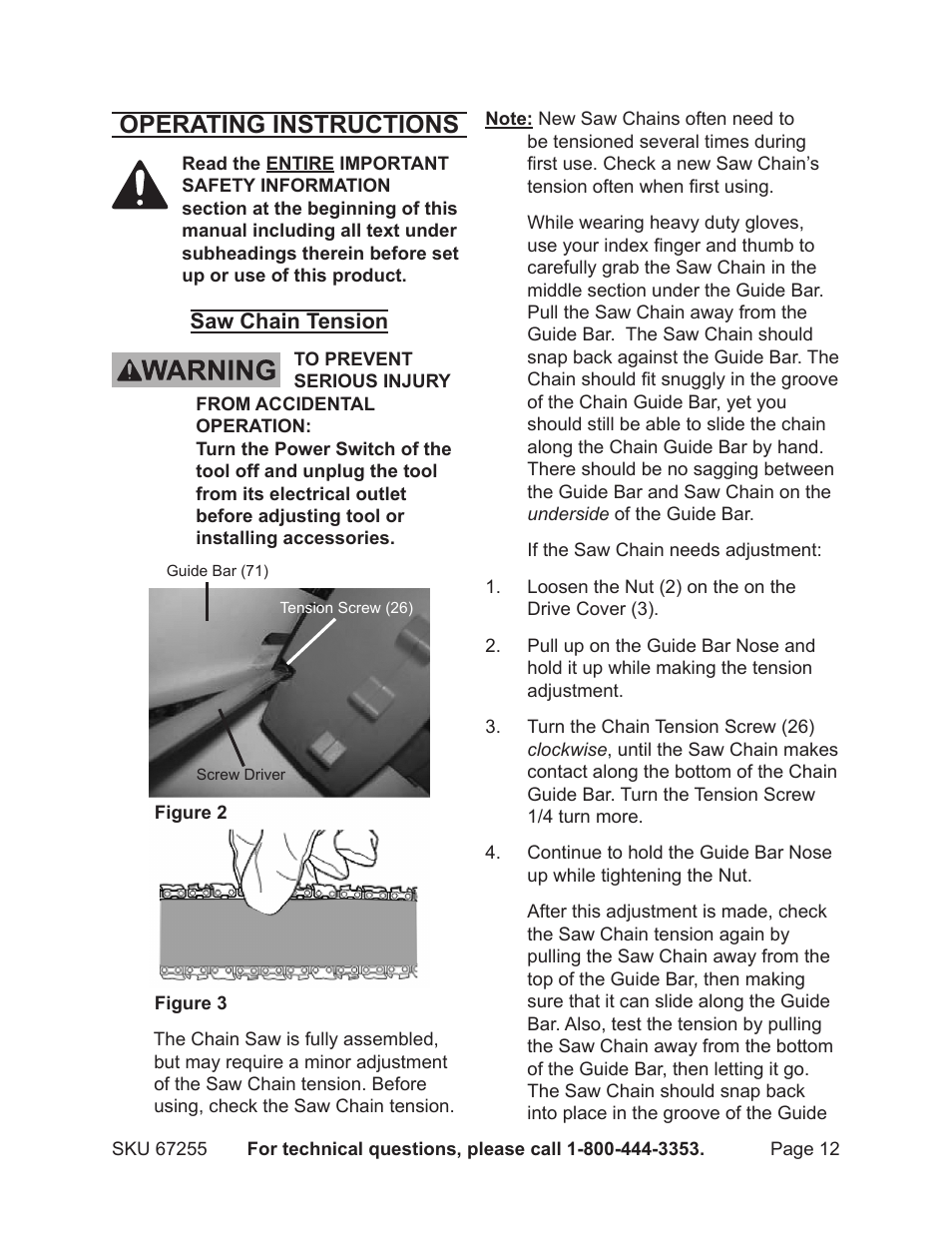 Operating instructions | Harbor Freight Tools CHICAGO ELECTRIC 67255 User Manual | Page 12 / 26