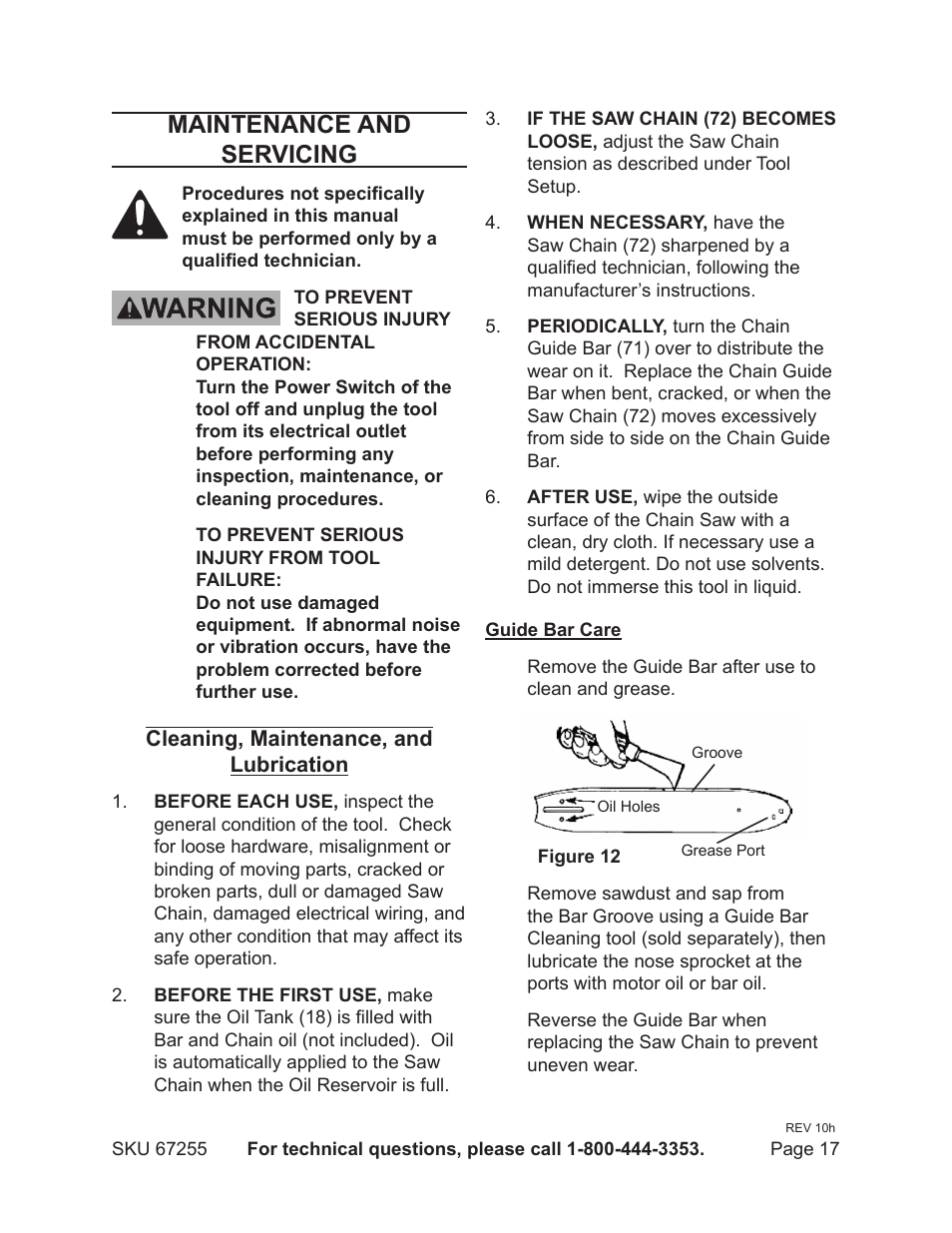 Maintenance and servicing | Harbor Freight Tools CHICAGO ELECTRIC 67255 User Manual | Page 17 / 26