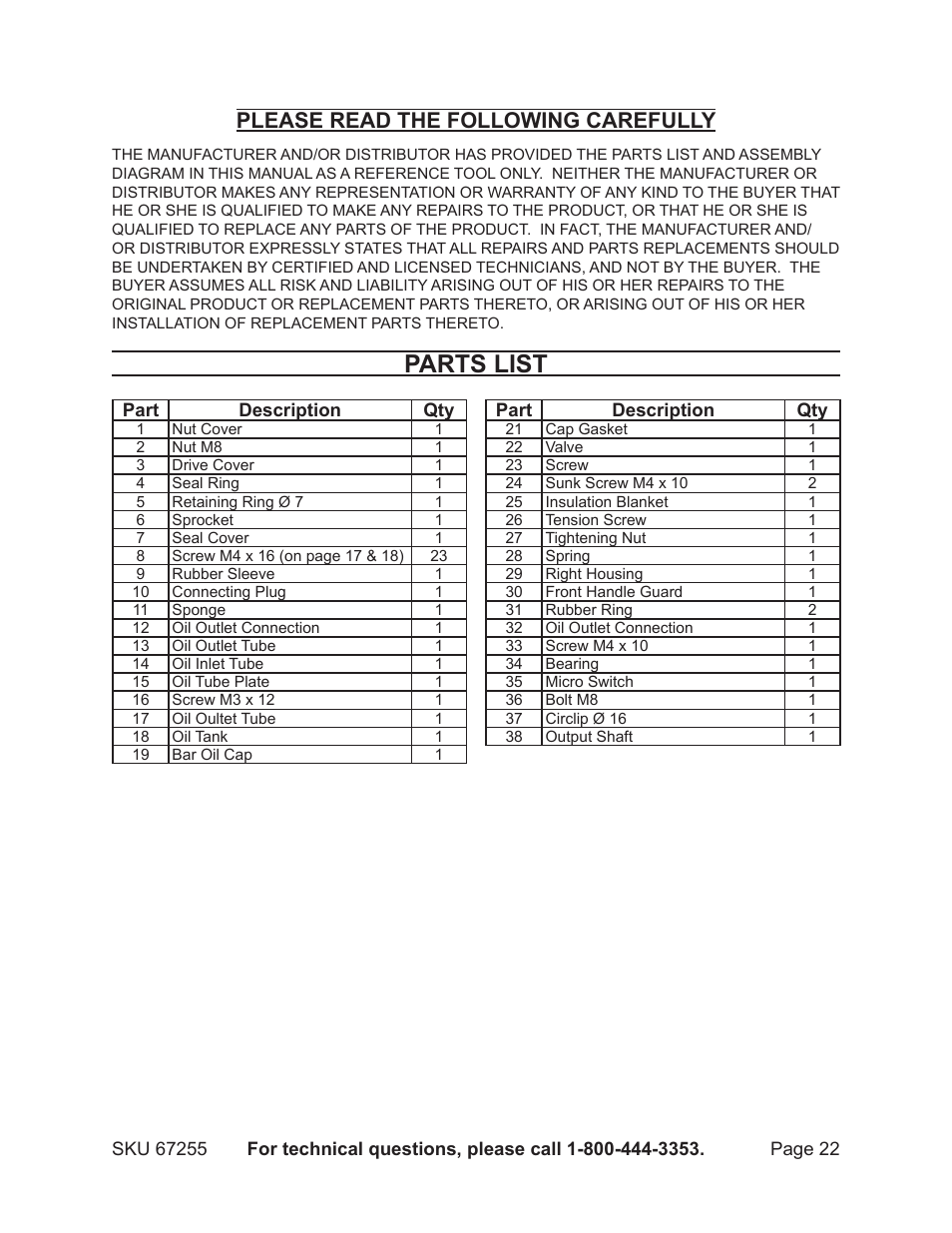 Parts list, Please read the following carefully | Harbor Freight Tools CHICAGO ELECTRIC 67255 User Manual | Page 22 / 26