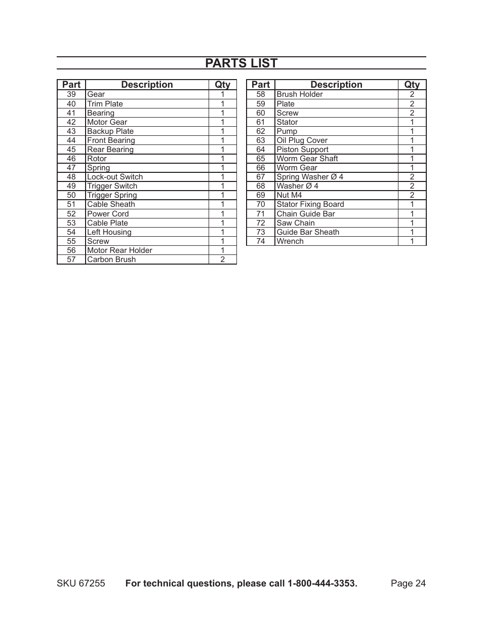 Parts list | Harbor Freight Tools CHICAGO ELECTRIC 67255 User Manual | Page 24 / 26