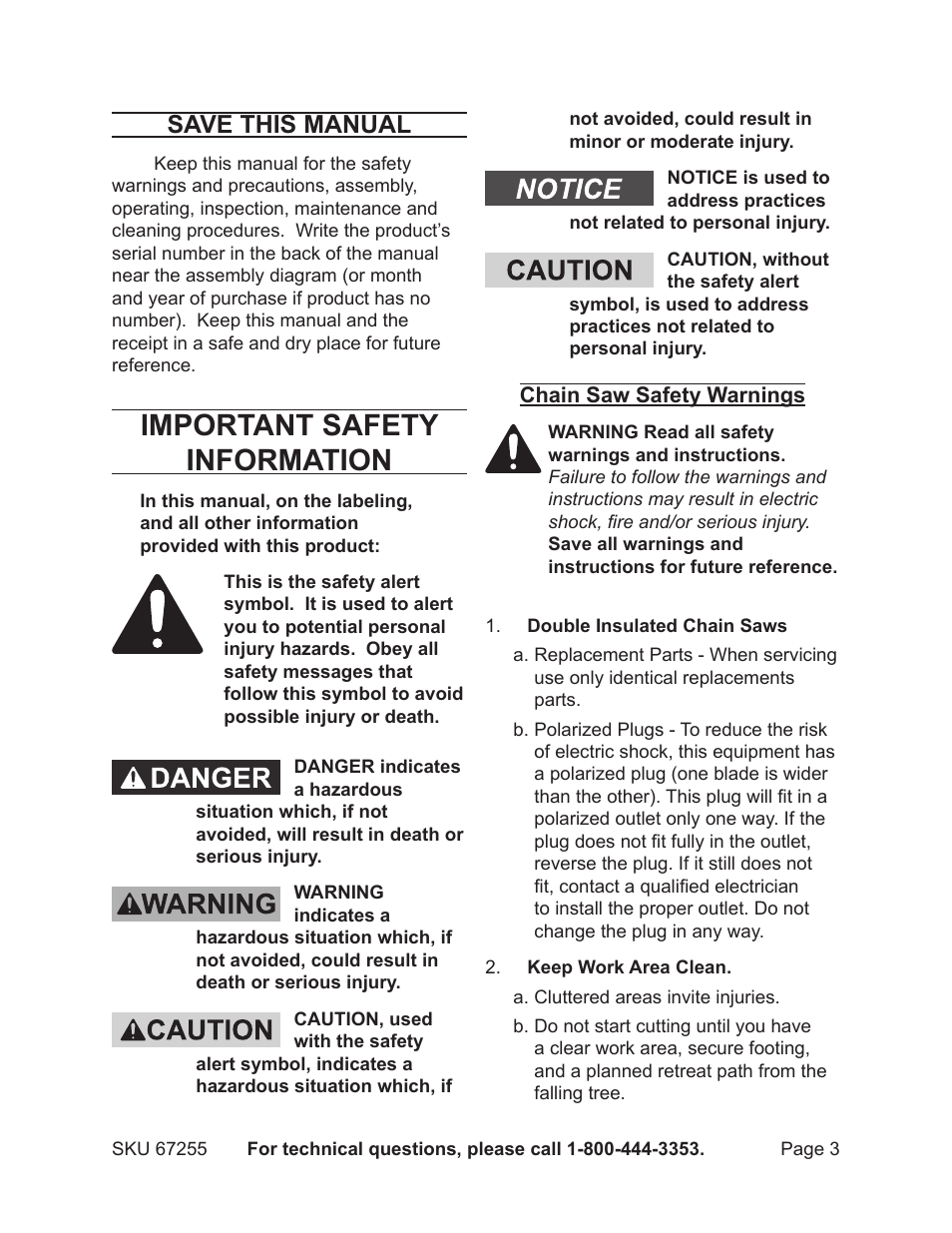 Important safety information, Save this manual | Harbor Freight Tools CHICAGO ELECTRIC 67255 User Manual | Page 3 / 26