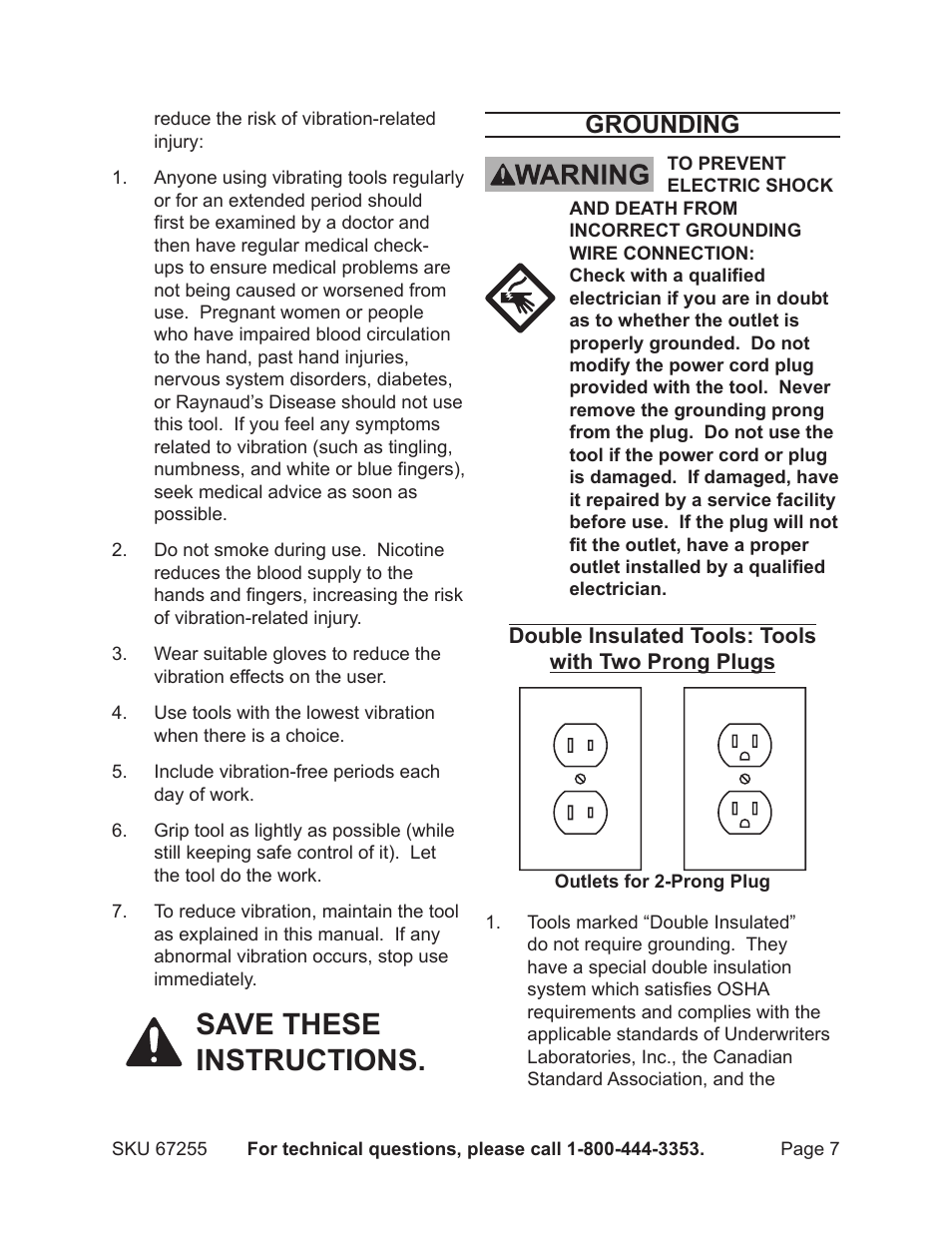 Save these instructions, Grounding | Harbor Freight Tools CHICAGO ELECTRIC 67255 User Manual | Page 7 / 26