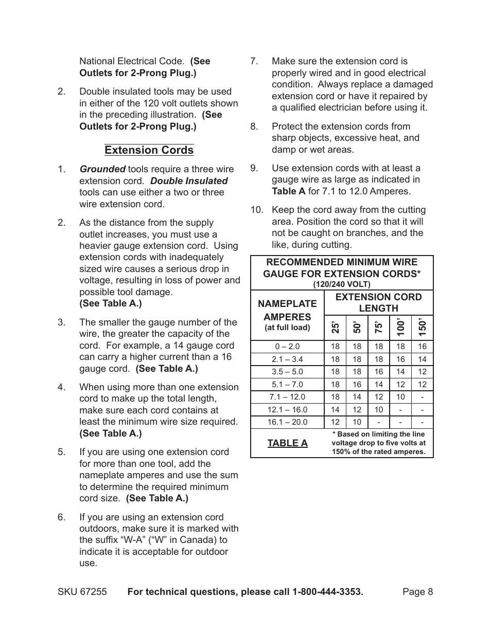 Extension cords | Harbor Freight Tools CHICAGO ELECTRIC 67255 User Manual | Page 8 / 26