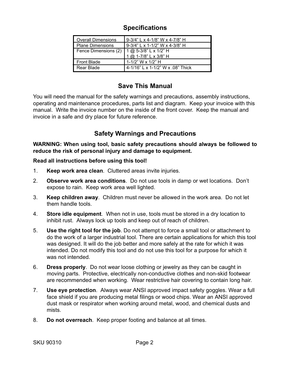 Specifications save this manual, Safety warnings and precautions | Harbor Freight Tools 90310 User Manual | Page 2 / 5