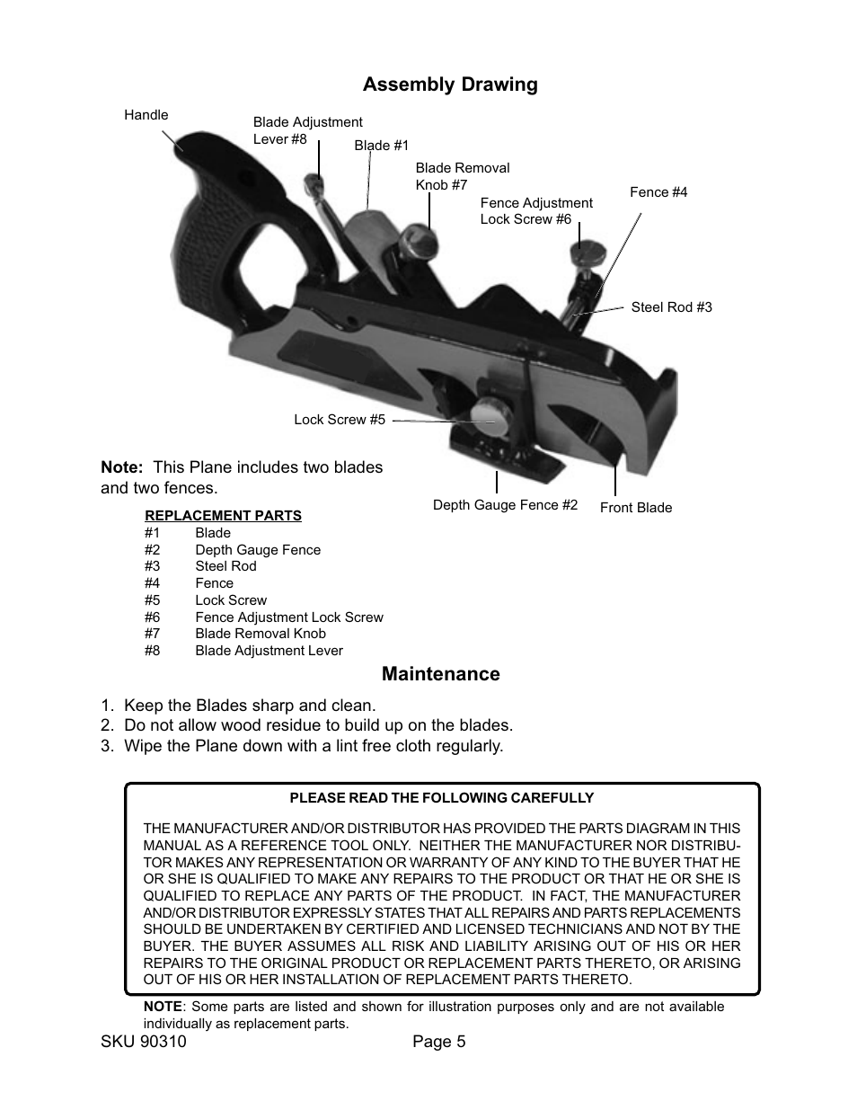 Maintenance assembly drawing | Harbor Freight Tools 90310 User Manual | Page 5 / 5