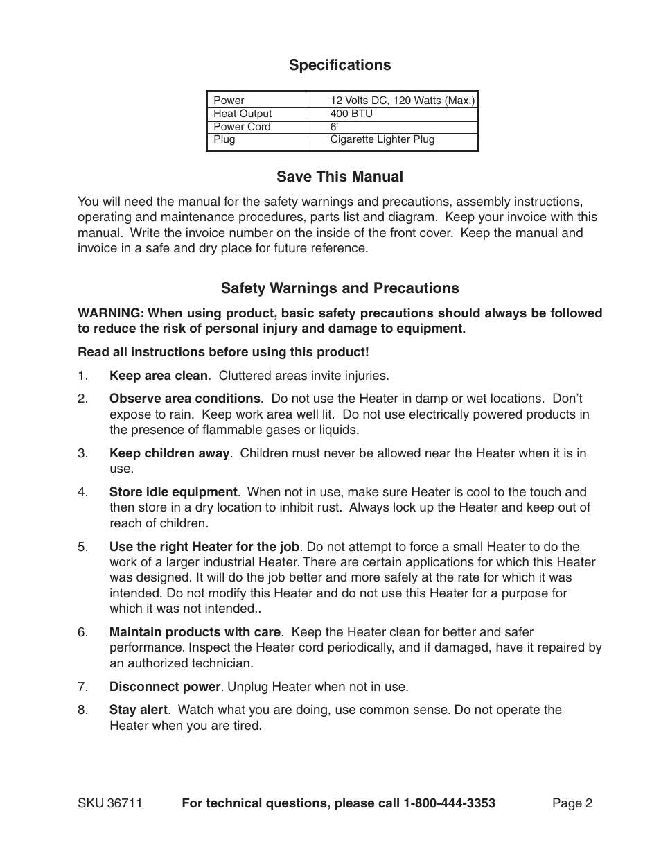 Specifications save this manual, Safety warnings and precautions | Harbor Freight Tools 36711 User Manual | Page 2 / 4