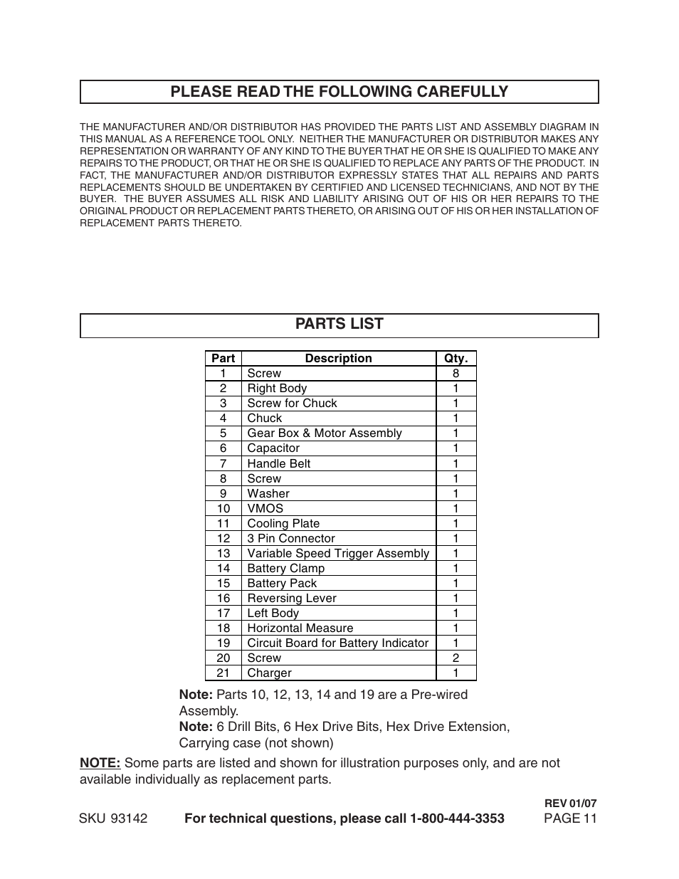 Parts list please read the following carefully | Harbor Freight Tools 93142 User Manual | Page 11 / 12