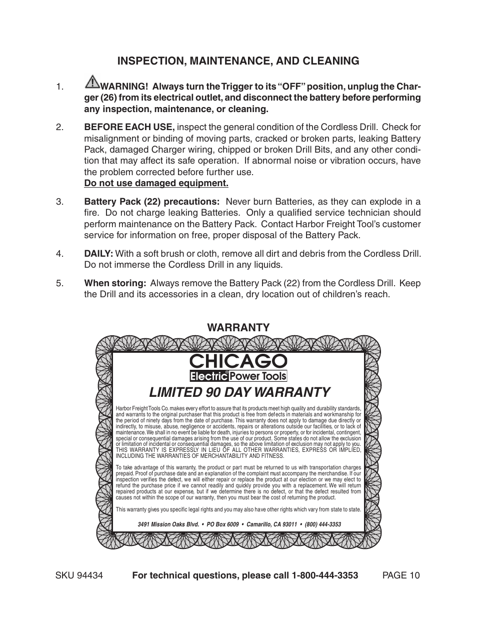 Limited 90 day warranty, Inspection, maintenance, and cleaning, Warranty | Harbor Freight Tools 94434 User Manual | Page 10 / 12