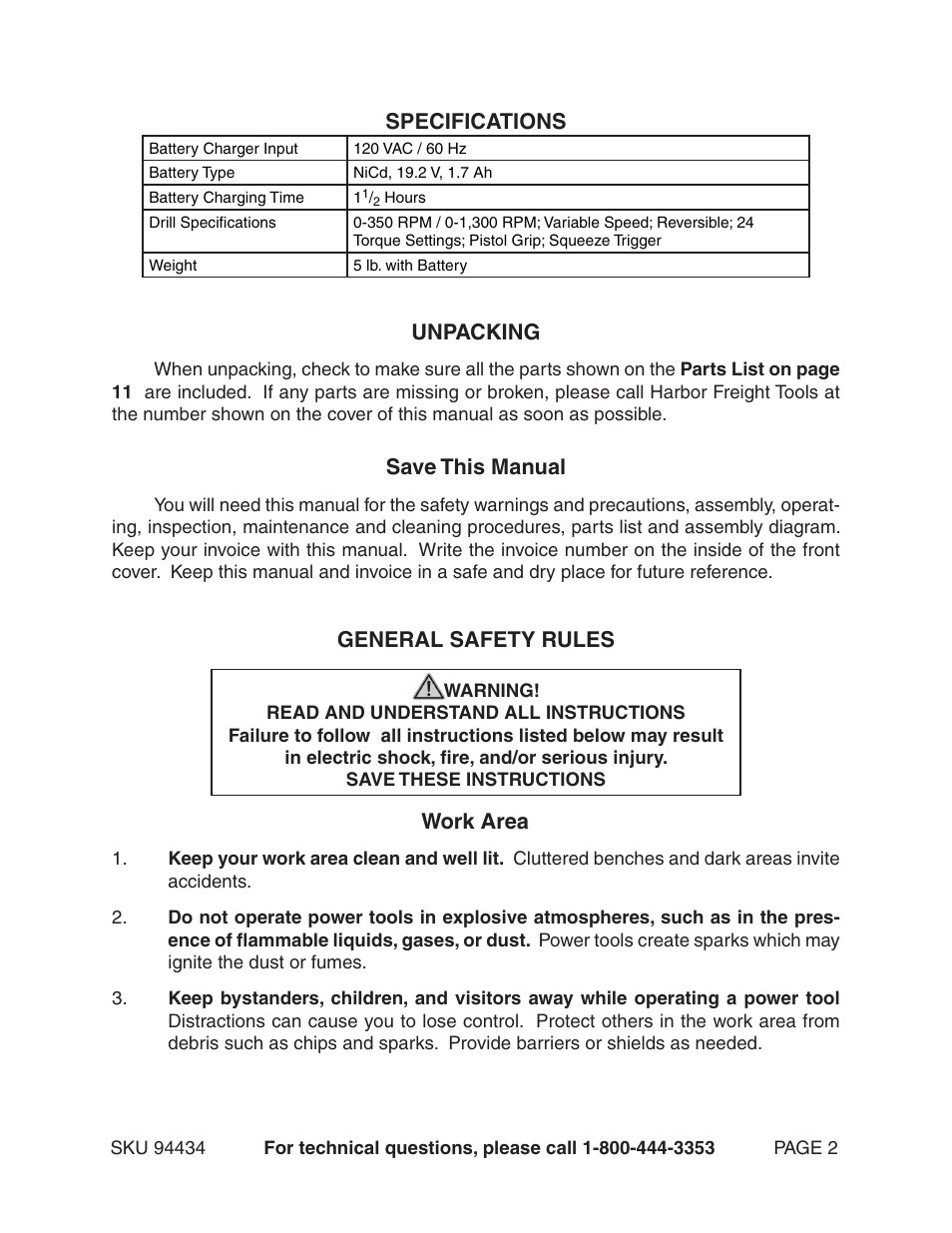 Specifications, Unpacking, Save this manual | General safety rules, Work area | Harbor Freight Tools 94434 User Manual | Page 2 / 12