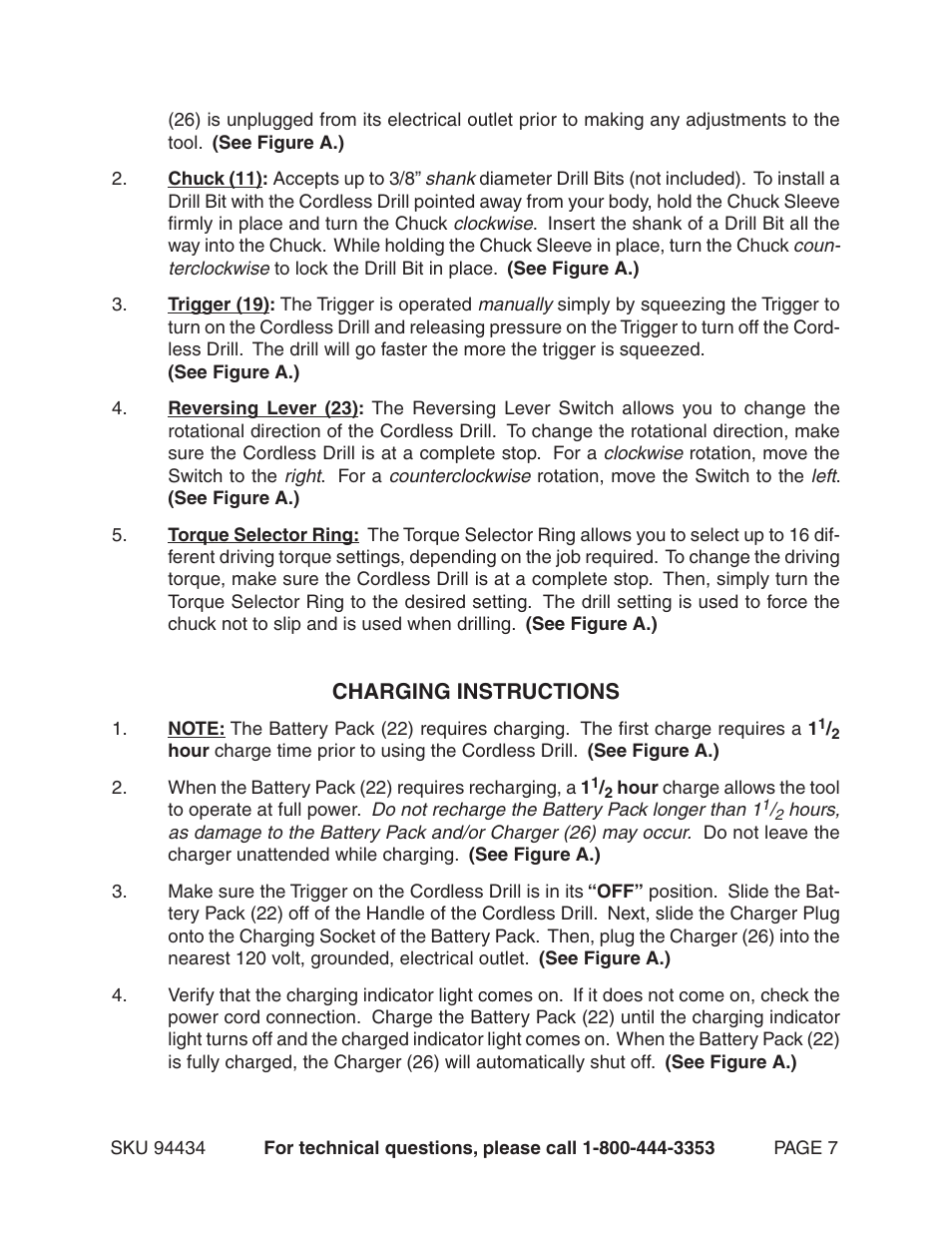 Charging instructions | Harbor Freight Tools 94434 User Manual | Page 7 / 12