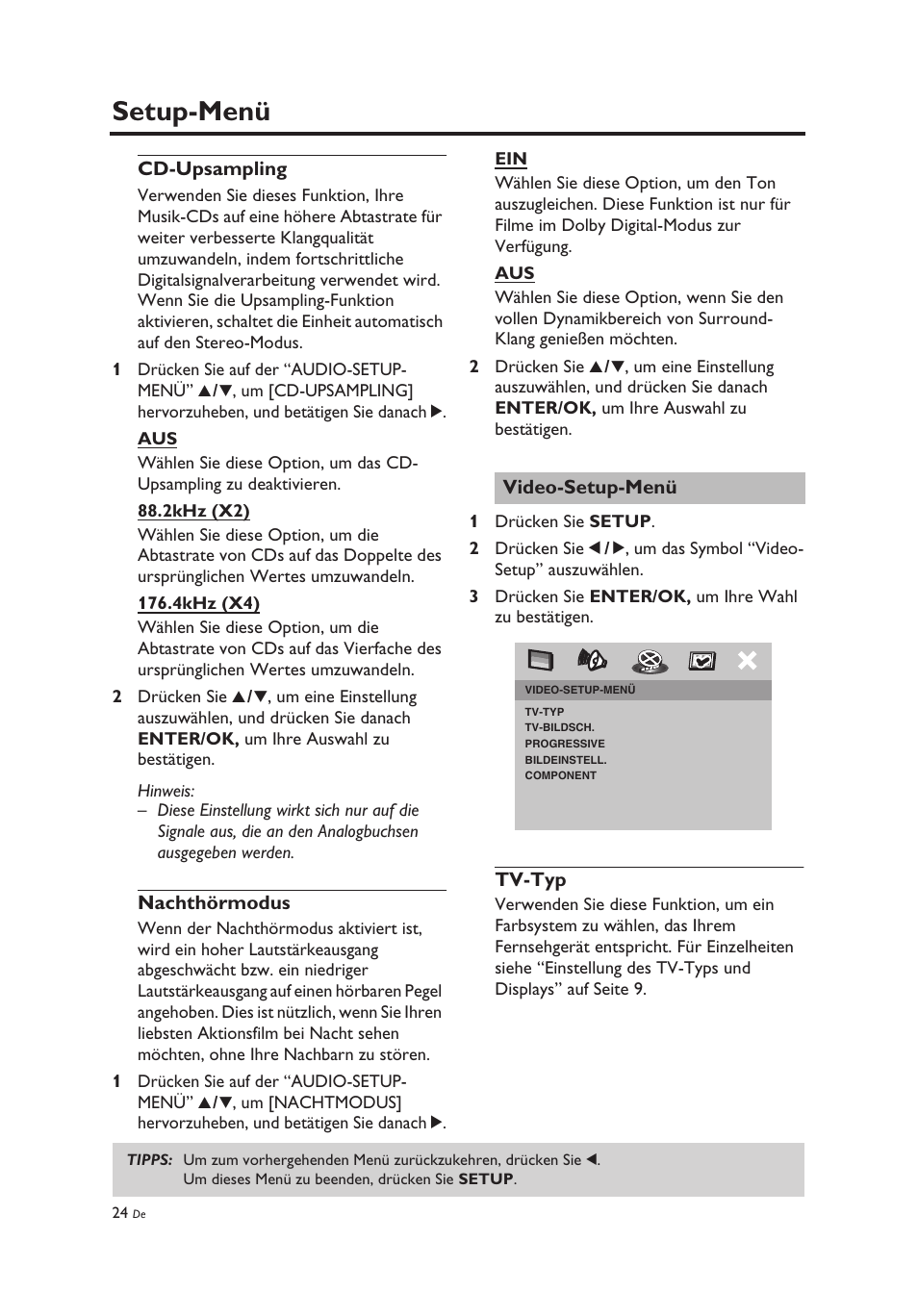 Cd-upsampling, Nachthörmodus, Video-setup-menü | Tv-typ, Cd-upsampling nachthörmodus, Setup-menü | Yamaha DV-C6860 User Manual | Page 100 / 148