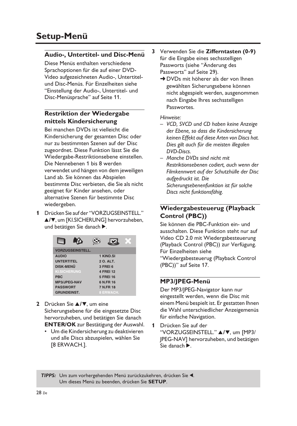 Audio-, untertitel- und disc-menü, Restriktion der wiedergabe mittels kindersicherung, Wiedergabesteuerug (playback control (pbc)) | Mp3/jpeg-menü, Setup-menü | Yamaha DV-C6860 User Manual | Page 104 / 148