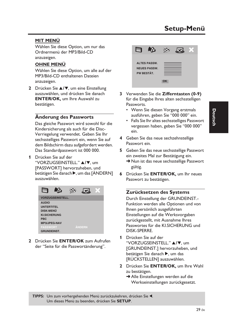 Änderung des passworts, Zurücksetzen des systems, Änderung des passworts zurücksetzen des systems | Setup-menü | Yamaha DV-C6860 User Manual | Page 105 / 148