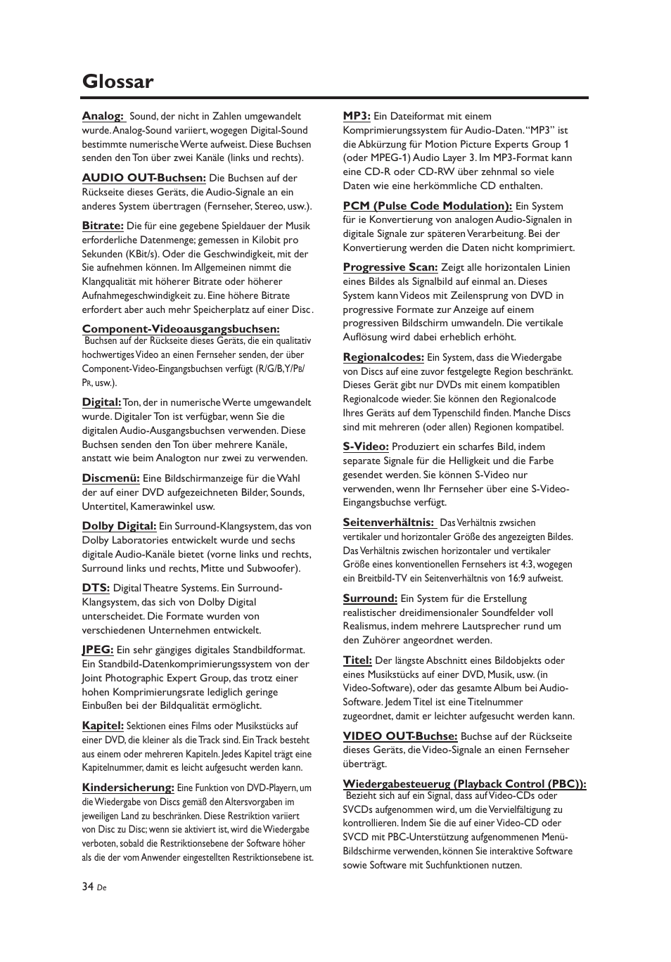 Glossar | Yamaha DV-C6860 User Manual | Page 110 / 148