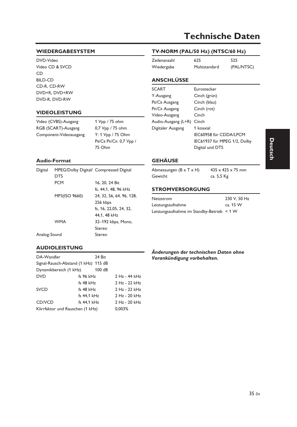 Technische daten, Deutsch | Yamaha DV-C6860 User Manual | Page 111 / 148