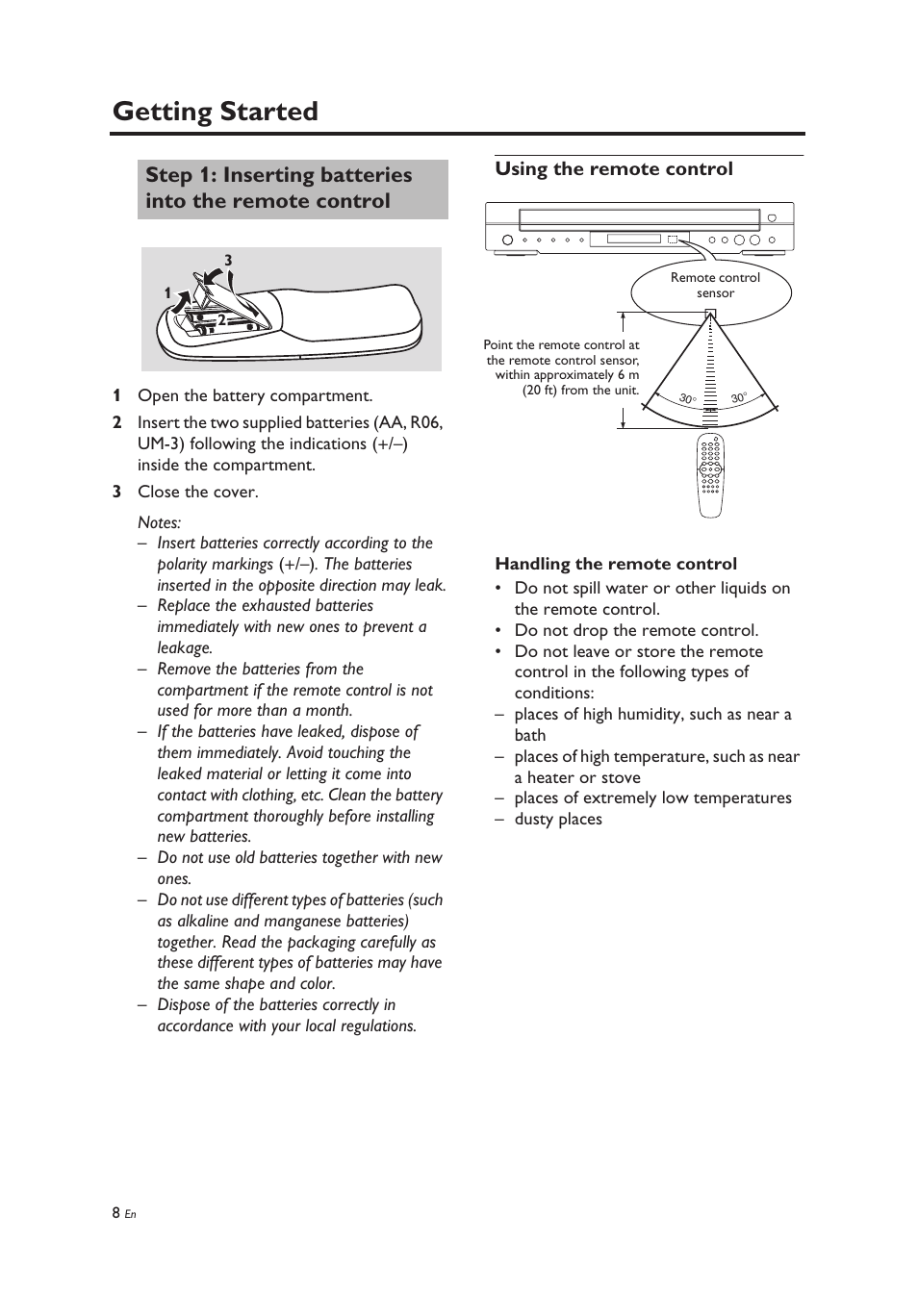 Getting started, Using the remote control, Inserting batteries into the remote control | Yamaha DV-C6860 User Manual | Page 12 / 148