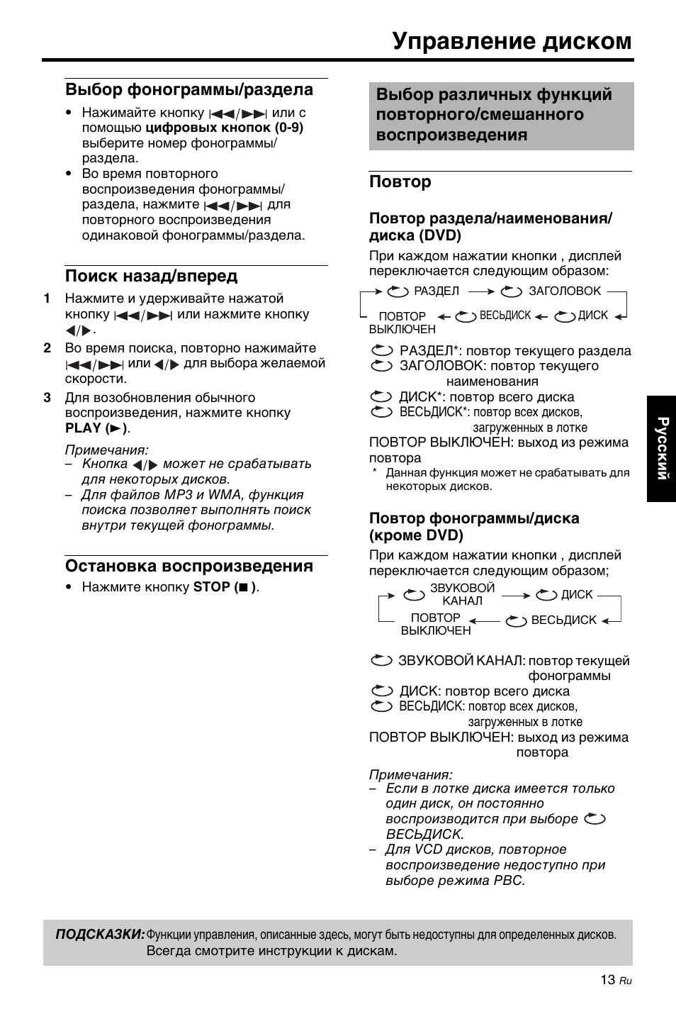 Выбор фонограммы/раздела, Поиск назад/вперед, Остановка воспроизведения | Повтор, Управление диском | Yamaha DV-C6860 User Manual | Page 125 / 148