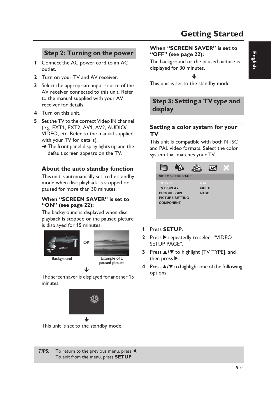 Step 2: turning on the power, About the auto standby function, Step 3: setting a tv type and display | Setting a color system for your tv, Turning on the power, Setting a tv type and display, Getting started | Yamaha DV-C6860 User Manual | Page 13 / 148