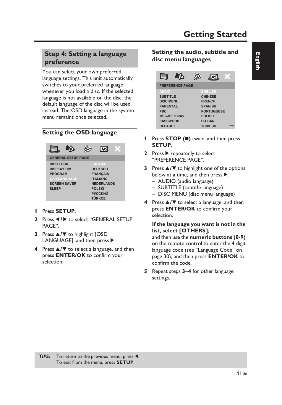 Step 4: setting a language preference, Setting the osd language, Setting a language preference | Getting started, English, 1 press setup . 2 press 1, 2 to select “general setup page”. 3 press 3 | Yamaha DV-C6860 User Manual | Page 15 / 148