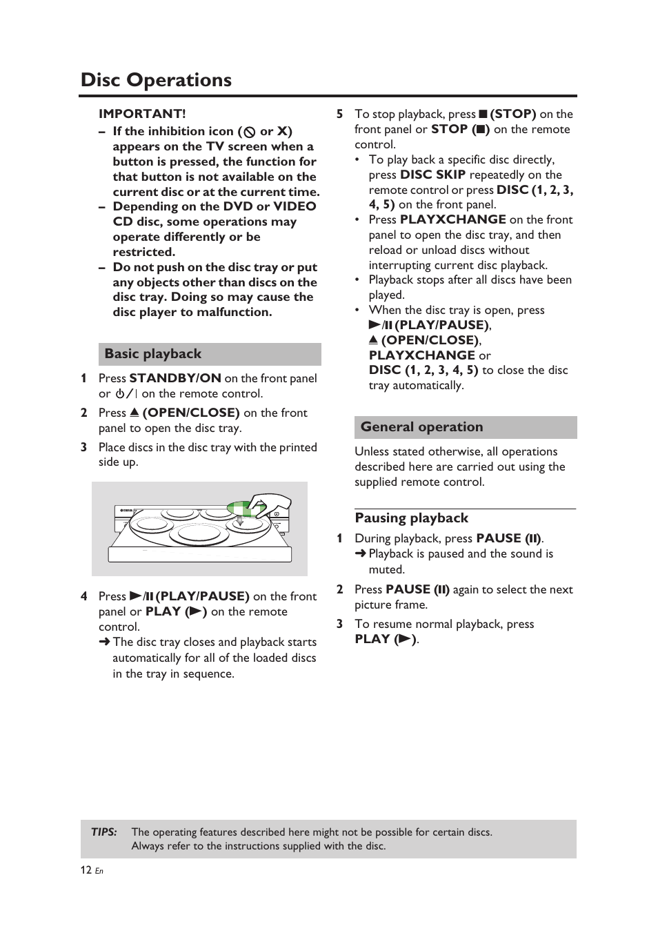 Disc operations, Basic playback, General operation | Pausing playback, Basic playback general operation | Yamaha DV-C6860 User Manual | Page 16 / 148