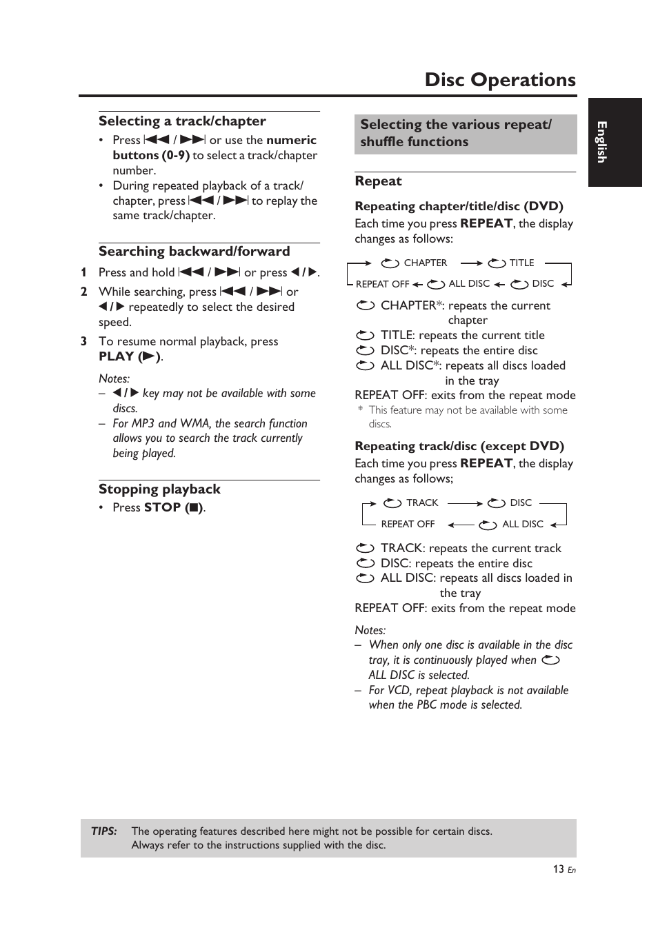 Selecting a track/chapter, Searching backward/forward, Stopping playback | Selecting the various repeat/ shuffle functions, Repeat, Selecting the various repeat/shuffle functions, Disc operations | Yamaha DV-C6860 User Manual | Page 17 / 148