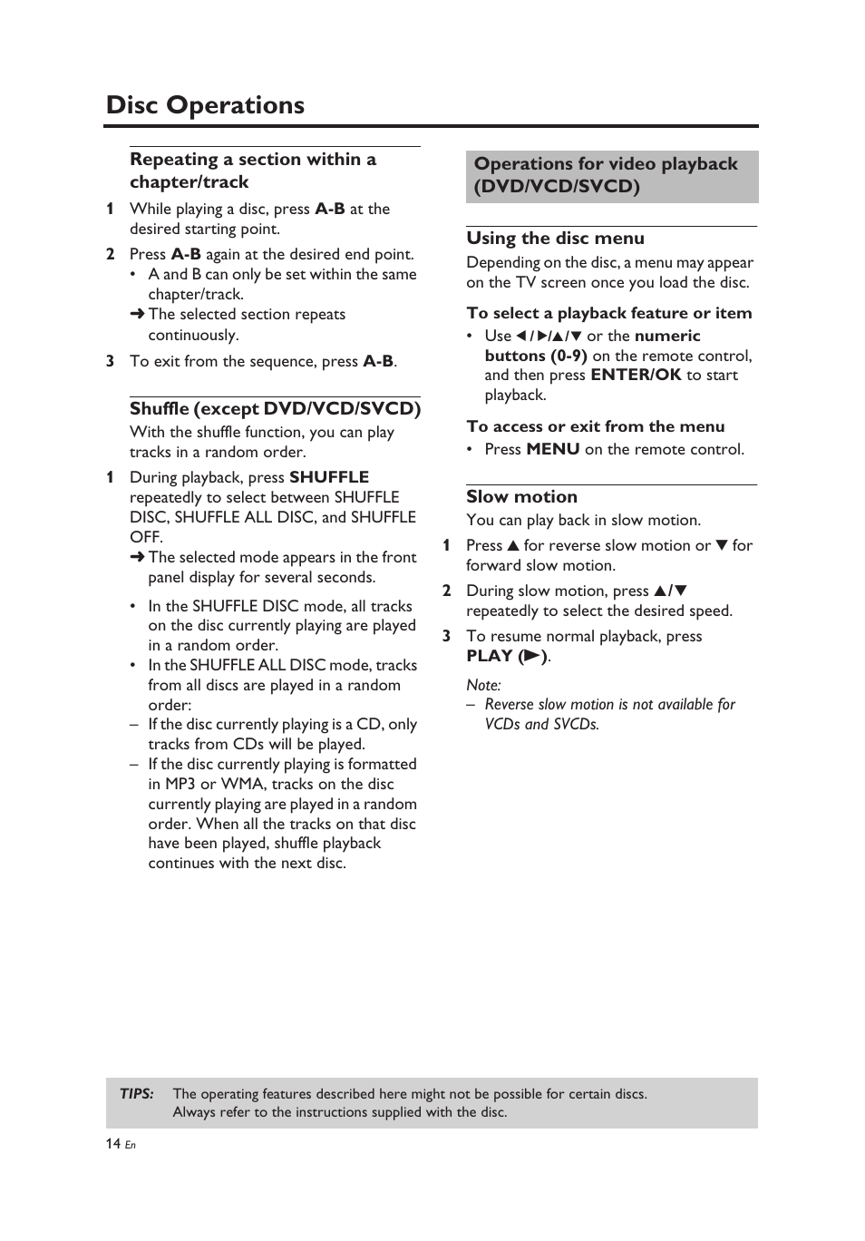 Repeating a section within a chapter/track, Shuffle (except dvd/vcd/svcd), Operations for video playback (dvd/vcd/svcd) | Using the disc menu, Slow motion, Using the disc menu slow motion, Disc operations | Yamaha DV-C6860 User Manual | Page 18 / 148