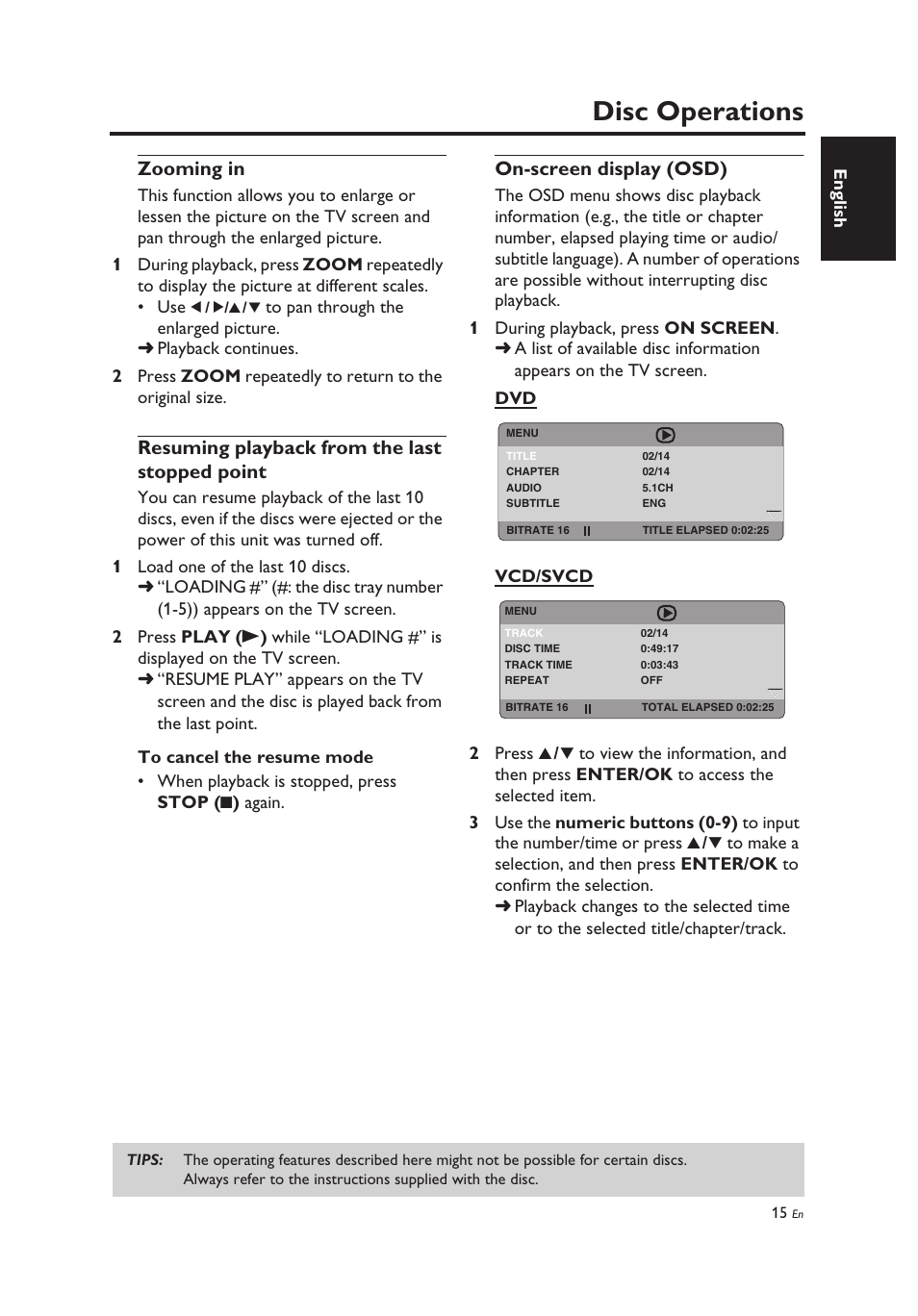 Zooming in, Resuming playback from the last stopped point, On-screen display (osd) | Disc operations | Yamaha DV-C6860 User Manual | Page 19 / 148