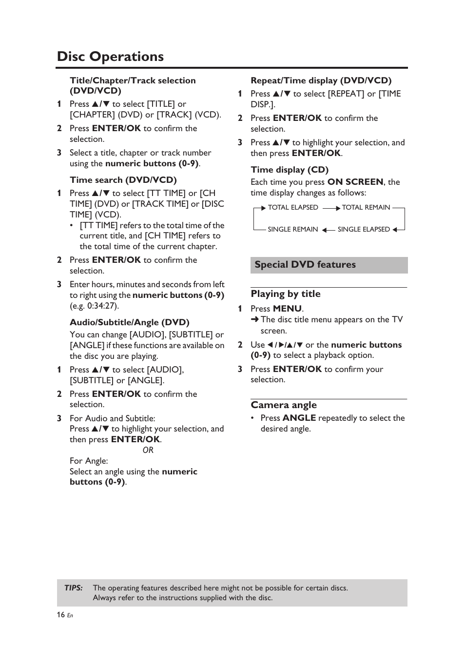 Special dvd features, Playing by title, Camera angle | Playing by title camera angle, Disc operations | Yamaha DV-C6860 User Manual | Page 20 / 148