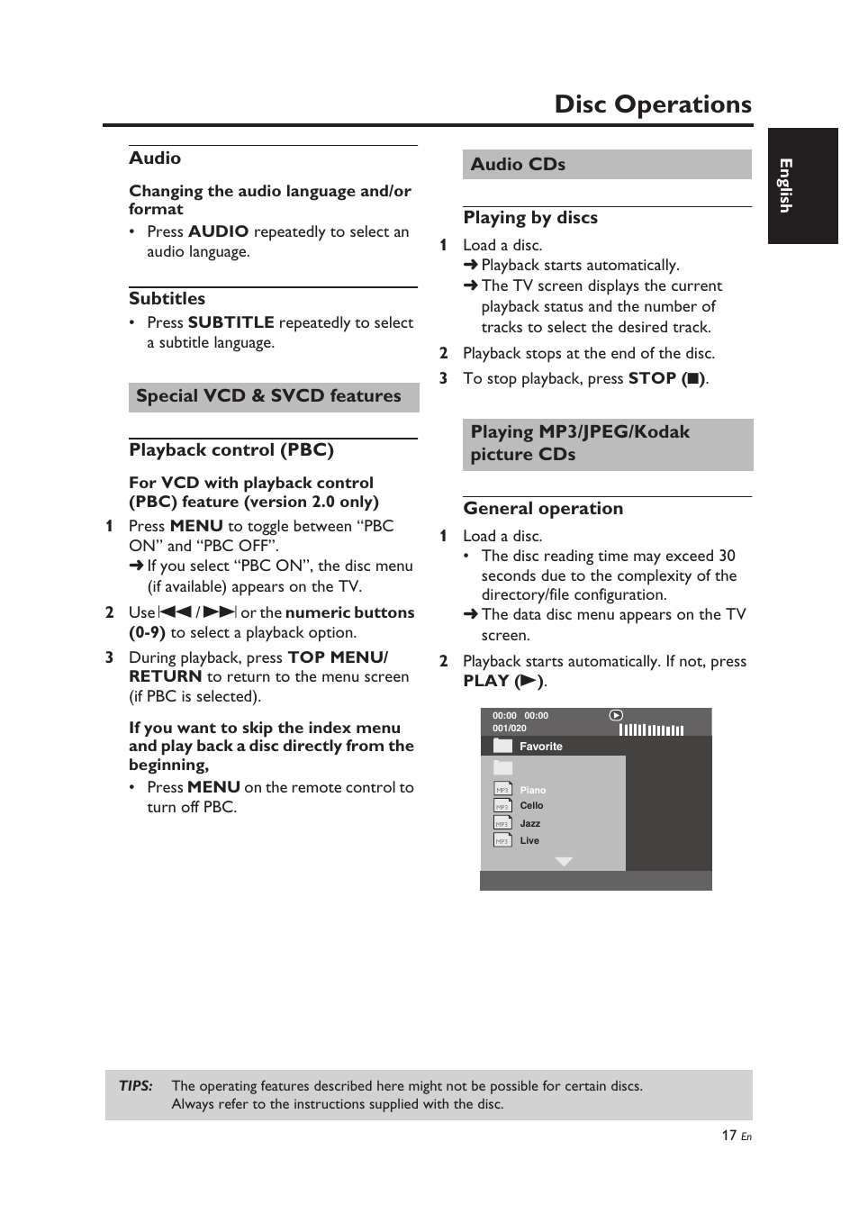 Audio, Subtitles, Special vcd & svcd features | Playback control (pbc), Audio cds, Playing by discs, Playing mp3/jpeg/kodak picture cds, General operation, Audio subtitles, Disc operations | Yamaha DV-C6860 User Manual | Page 21 / 148