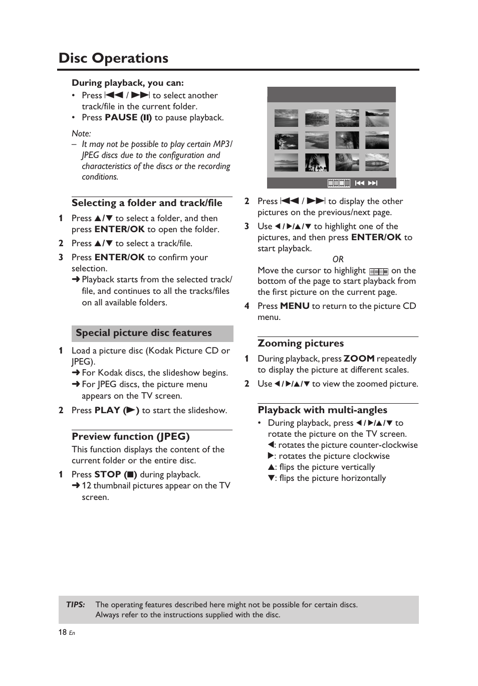 Selecting a folder and track/file, Special picture disc features, Preview function (jpeg) | Zooming pictures, Playback with multi-angles, Disc operations | Yamaha DV-C6860 User Manual | Page 22 / 148