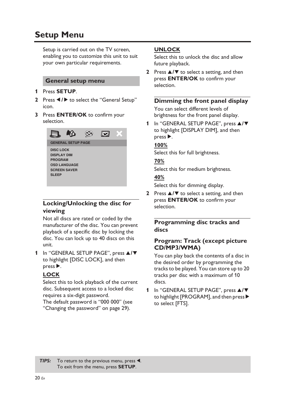 Setup menu, General setup menu, Locking/unlocking the disc for viewing | Dimming the front panel display, Programming disc tracks and discs | Yamaha DV-C6860 User Manual | Page 24 / 148